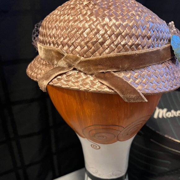 Vintage 1950s Valerie Modes Woven Straw Hat, netting, velvetribbon,satin flowers